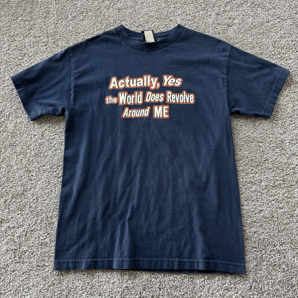 Y2K Top Heavy Actually Yes World Revolves Around Me Shirt Mens Medium Blue Tee